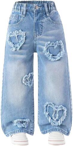 Nivne Tco Toddler Girls Jeans Straight Leg with Cute Heart Patches, Casual 5-Pocket Elastic Waist Blue Denim Pants in Kuwait