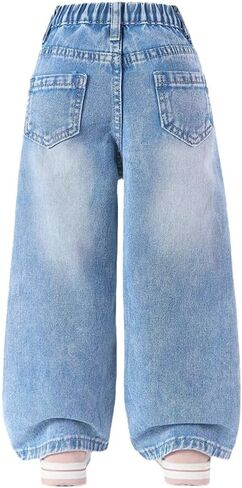 Nivne Tco Toddler Girls Jeans Straight Leg with Cute Heart Patches, Casual 5-Pocket Elastic Waist Blue Denim Pants in Kuwait