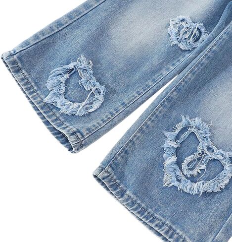 Nivne Tco Toddler Girls Jeans Straight Leg with Cute Heart Patches, Casual 5-Pocket Elastic Waist Blue Denim Pants in Kuwait