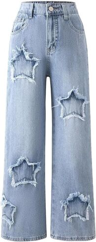 Girls Jeans Y2K Elastic Waist Wide Leg Baggy Loose Denim Pants Kids Trousers Streetwear Washed in Kuwait
