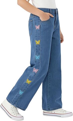 PATPAT Girls Baggy Wide Leg Jeans 5-14Y, Elastic Mid-Wasit Denim Pants with Checkerboard/Butterfly Embroidery for Kids Teens in Saudi Arabia