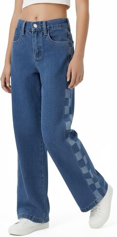 PATPAT Girls Baggy Wide Leg Jeans 5-14Y, Elastic Mid-Wasit Denim Pants with Checkerboard/Butterfly Embroidery for Kids Teens in Kuwait
