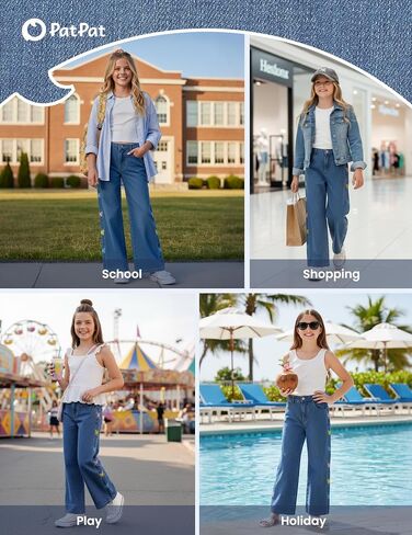 PATPAT Girls Baggy Wide Leg Jeans 5-14Y, Elastic Mid-Wasit Denim Pants with Checkerboard/Butterfly Embroidery for Kids Teens in Saudi Arabia