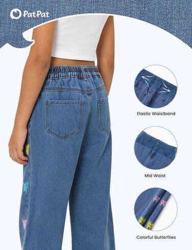 PATPAT Girls Baggy Wide Leg Jeans 5-14Y, Elastic Mid-Wasit Denim Pants with Checkerboard/Butterfly Embroidery for Kids Teens in Saudi Arabia