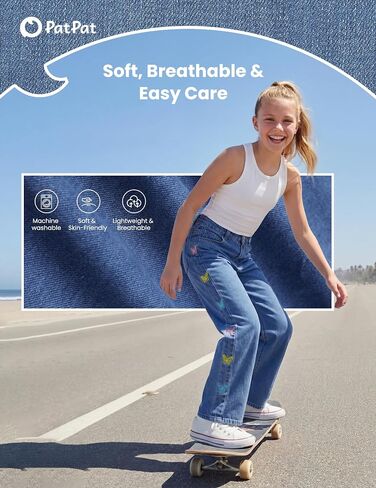 PATPAT Girls Baggy Wide Leg Jeans 5-14Y, Elastic Mid-Wasit Denim Pants with Checkerboard/Butterfly Embroidery for Kids Teens in Saudi Arabia