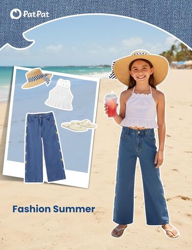 PATPAT Girls Baggy Wide Leg Jeans 5-14Y, Elastic Mid-Wasit Denim Pants with Checkerboard/Butterfly Embroidery for Kids Teens in Saudi Arabia
