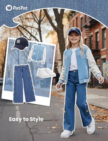 PATPAT Girls Baggy Wide Leg Jeans 5-14Y, Elastic Mid-Wasit Denim Pants with Checkerboard/Butterfly Embroidery for Kids Teens in Saudi Arabia