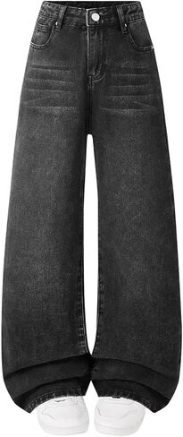 Girls Jeans Teen Wide Leg Baggy Denim Pants Kids Cute Y2K Streetwear Clothing with Adjustable Waisted in Saudi Arabia