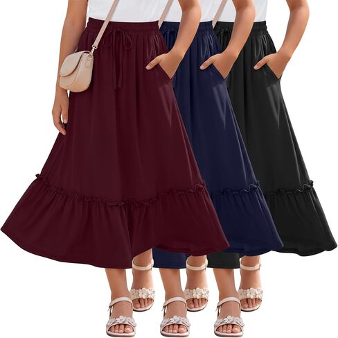 3 Pack Girls Boho Maxi Skirts 5-16Y Ankle Length Pockets Tiered Ruffle Hem Flowy Pleated Drawstring Summer Skirts in Kuwait