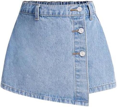 Nivne Tco Tween Girls' Denim Skorts Casual Elastic Waist & Button Front Asymmetric A-Line Hem Jean Shorts with Back Pockets in Kuwait