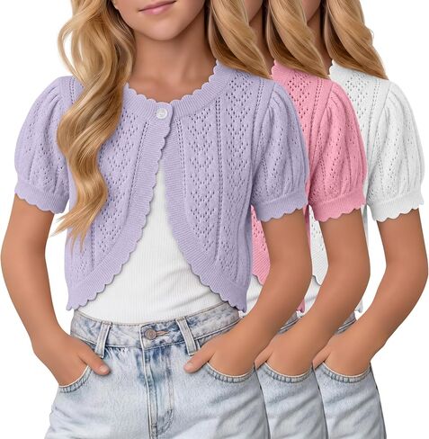 Halfchet 3 Pack Girls Short Sleeve Shrug Open Front Knit Button Bolero Cardigan Dress Cover up Shawl Summer Pointelle Tops in Kuwait