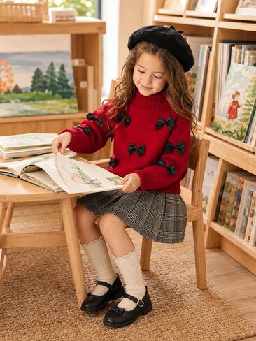 Girls Turtleneck Sweater Bowknot Knit Long Sleeve Holiday Pullover Top in Kuwait