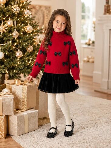 Girls Turtleneck Sweater Bowknot Knit Long Sleeve Holiday Pullover Top in Kuwait