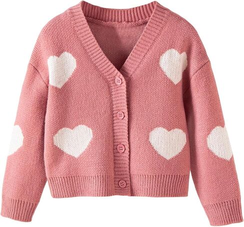 Toddler Girls Heart Cardigan Sweater Cute Pink Knit V Neck Button Front Long Sleeve Cardigan for Little Kids Aged 3-7 in Kuwait