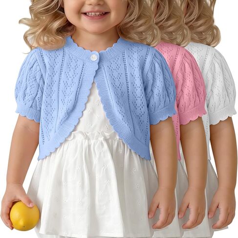 3 Pack Toddler Girls Short Sleeve Bolero Cardigan Sweaters Kids Knit Button Lettuce Trim Shrug Cropped Cute Sweater in Kuwait