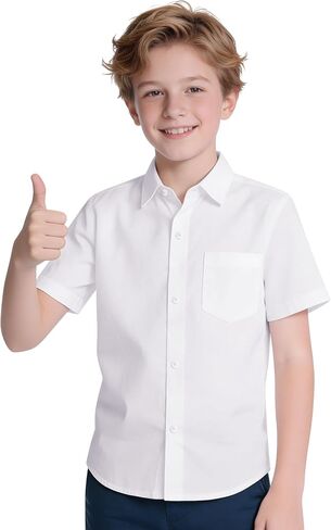 Boys Short Sleeve Dress Shirts Classic Button Down Shirt for Kids Formal Wear School Uniform Size 2-20 in Kuwait