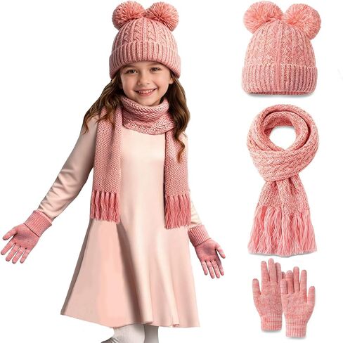 Kids Beanie Scarf Gloves Set, Boys Girls Toddler Winter Warm Fleece Lined Hat with Pom Pom Knit Scarf Mittens 3 in 1 Gift Set in Saudi Arabia