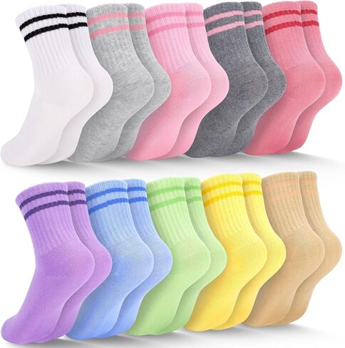 Ultrafun 10 Pairs Kids Girls Socks Cotton Crew Athletic Socks with Stripes Hearts Casual Dress Sock for Girls 3-12 Years Old in Kuwait