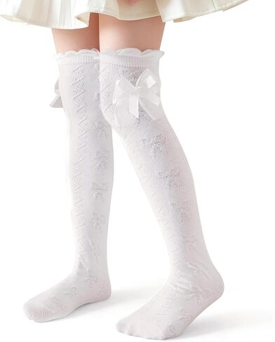 DoSmart Girls Knee High Socks Kids White Ruffled Lace Tall Boot Cotton Princess Bow Frilly Dress Socks 3 Pairs in Saudi Arabia