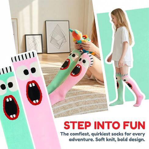 SFGHOUSE 2 Pairs Fun Socks for Girls Knee High Socks Long Kids Funny Boot Cute Child Socks in Kuwait