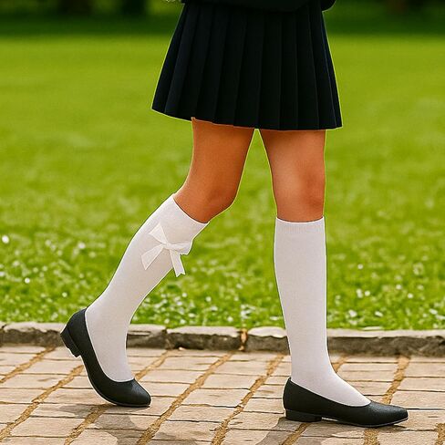 A2Z 4 Kids Girls Plain Knee High Socks With Ribbon Bow Pack of 3 Classic Comfortable Kids Cotton Socks for School Footwear in Kuwait