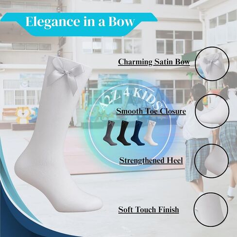 A2Z 4 Kids Girls Plain Knee High Socks With Ribbon Bow Pack of 3 Classic Comfortable Kids Cotton Socks for School Footwear in Kuwait