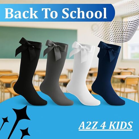 A2Z 4 Kids Girls Plain Knee High Socks With Ribbon Bow Pack of 3 Classic Comfortable Kids Cotton Socks for School Footwear in Kuwait
