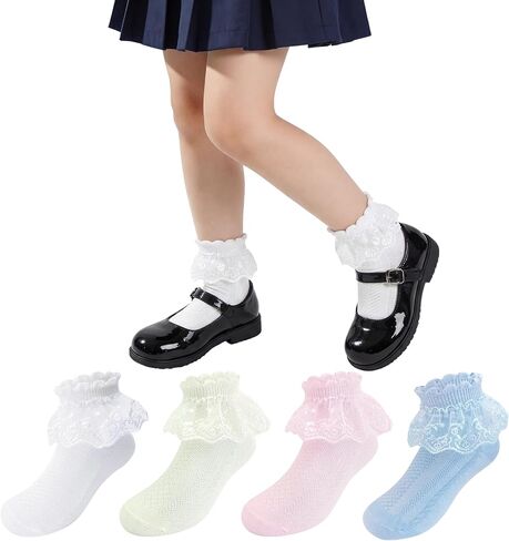 Girls White Lace Frill Socks - Breathable Princess Dress Socks School Uniform Crew Socks for Toddler & Kids (1-10T) in Saudi Arabia