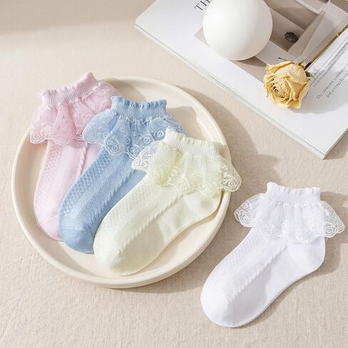 Girls White Lace Frill Socks - Breathable Princess Dress Socks School Uniform Crew Socks for Toddler & Kids (1-10T) in Saudi Arabia