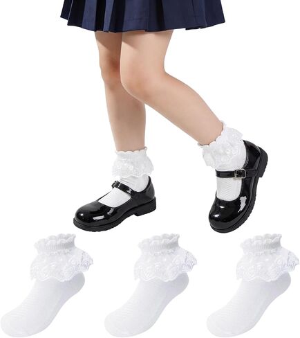 Girls White Lace Frill Socks - Breathable Princess Dress Socks School Uniform Crew Socks for Toddler & Kids (1-10T) in Saudi Arabia