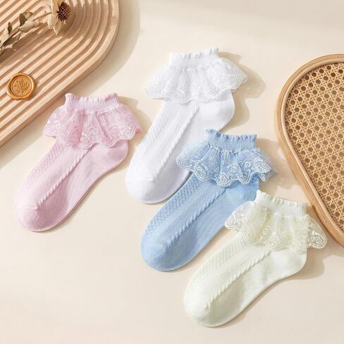 Girls White Lace Frill Socks - Breathable Princess Dress Socks School Uniform Crew Socks for Toddler & Kids (1-10T) in Saudi Arabia