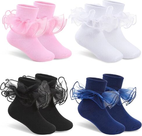 4Pcs Girls Big Ruffle Socks Frilly Lace Ankle Dress Socks Double-Layer Cute Dance Lolita Princess Kids in Kuwait