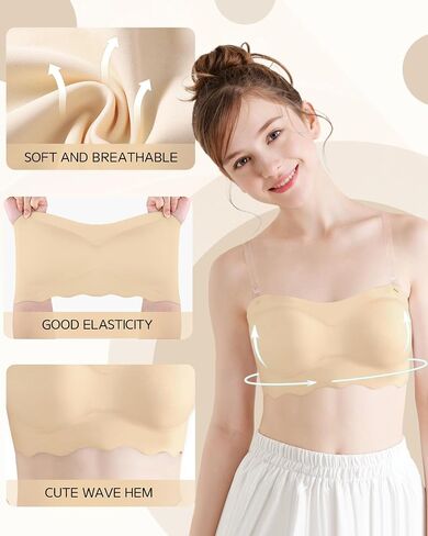 Teen Strapless Bandeau Bra for Girls 10-12 12-14 14-16 | Wireless Bralette with Adjustable Clear Straps & Removable Padded in Kuwait