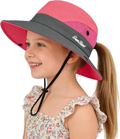 Kids Girls Ponytail Sun Hat UPF 50+ UV Protection Quick Dry Bucket Cap Adjustable Foldable Mesh for Beach Fishing Outdoor in Kuwait