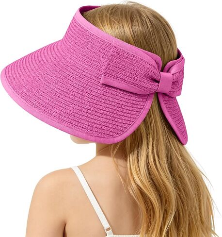 Girls Straw Sun Visor Hat, Wide Brim Ponytail Beach Hat with Bow, Foldable Packable Roll-Up for Kids Summer Travel in Kuwait