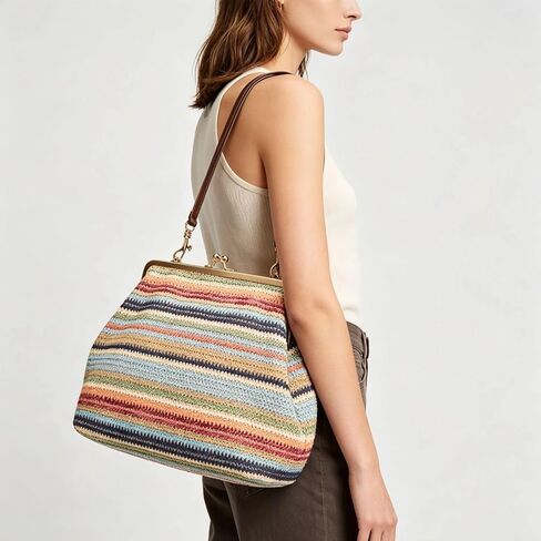 Kiss-lock Bag for Women Large Woven Purse Retro Top Handle Handbag Kiss Clasp Shoulder Bag Tote Purse Satchel in Saudi Arabia