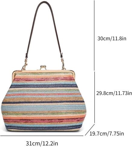 Kiss-lock Bag for Women Large Woven Purse Retro Top Handle Handbag Kiss Clasp Shoulder Bag Tote Purse Satchel in Saudi Arabia