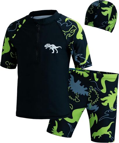 LUCKYLI Boys Swim Set – UPF50+ Rashguard, Trunks with Drawstring & Cap, 4-Way Stretch, Quick Dry, Sublimated, for Beach/Pool in Kuwait