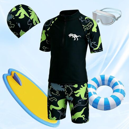 LUCKYLI Boys Swim Set – UPF50+ Rashguard, Trunks with Drawstring & Cap, 4-Way Stretch, Quick Dry, Sublimated, for Beach/Pool in Kuwait
