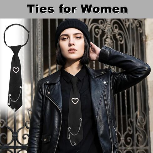 Black Tie for Women, Metal Chain Necktie for Women, Pre-Tied Adjustable Ties for Uniform, School, Shirt Accessory in Kuwait