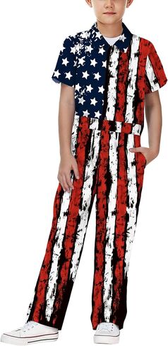بدلة قفز للأولاد من AOBUTE بأكمام قصيرة للأولاد من الرابع من يوليو، مآزر العلم الأمريكي مع سحاب لأعلى، من عمر 3 إلى 14 عامًا in Kuwait