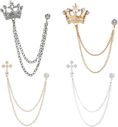 Chain Brooch Set for Men, 4PCS Crown & Cross Pins, Alloy Suit Accessories for Men, Vintage Lapel Pins with Gold & Silver Chains for Jackets Shirts Formal Wear in Kuwait
