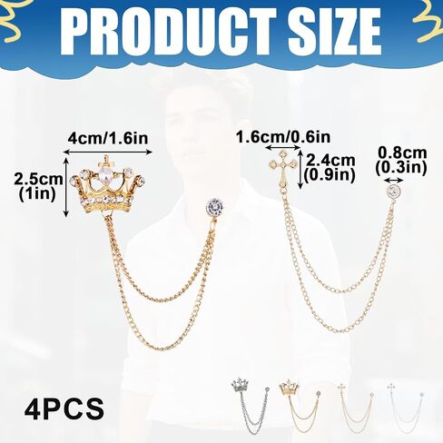 Chain Brooch Set for Men, 4PCS Crown & Cross Pins, Alloy Suit Accessories for Men, Vintage Lapel Pins with Gold & Silver Chains for Jackets Shirts Formal Wear in Kuwait