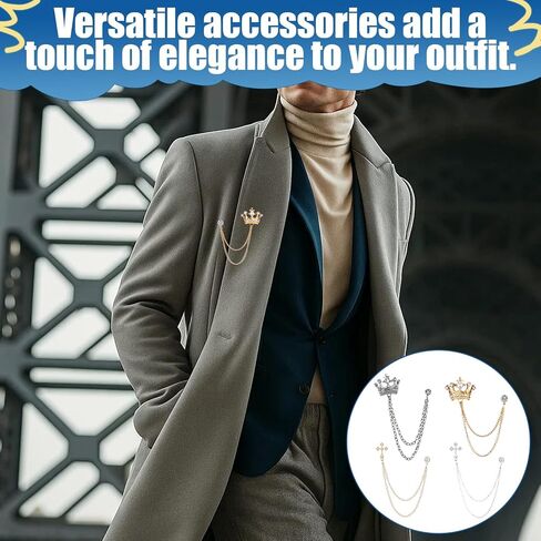 Chain Brooch Set for Men, 4PCS Crown & Cross Pins, Alloy Suit Accessories for Men, Vintage Lapel Pins with Gold & Silver Chains for Jackets Shirts Formal Wear in Kuwait