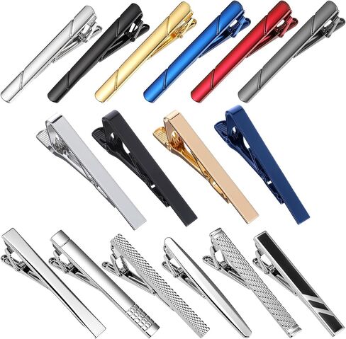 16 Pcs Tie Clips for Men, Black Gold Silver Blue Red Tie Bar Set for Regular Necktie, Fashion Designs Necktie Bar Pinch Clips Suitable For Father's Day Wedding Anniversary Business in Kuwait