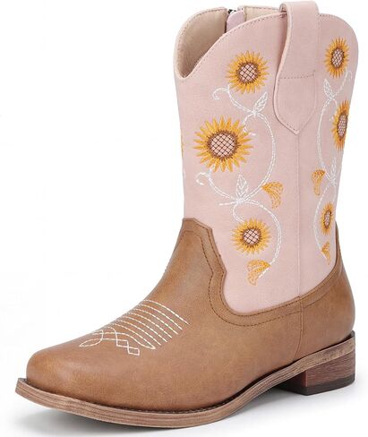 Girls Cowboy Boots with Floral Embroidery-Western Cowgirl Boots for Girls Toddler Little Big Kids, Square Toe Side Zipper Non-Slip Sunflower Shoes for Daily Birthday Wear in Kuwait