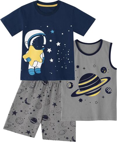 Unnivoll Boys Summer Outfits 100% Cotton Toddler Boy Clothes 3 Piece T-Shirt Tank Top and Shorts Clothing Sets 2-6Y in Kuwait
