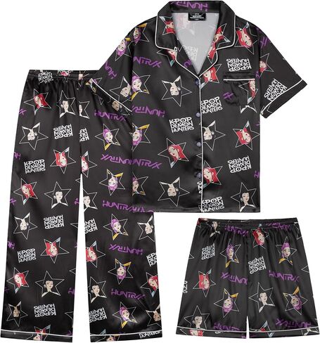 Get Trend KPop Demon Hunters Girls Pajamas Officially Licensed 3-Piece Huntrix PJs Set with Pants & Shorts, Satin Nightwear in Kuwait