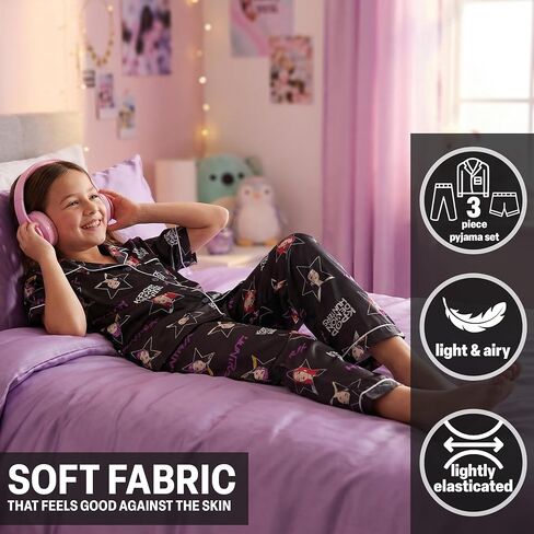 Get Trend KPop Demon Hunters Girls Pajamas Officially Licensed 3-Piece Huntrix PJs Set with Pants & Shorts, Satin Nightwear in Kuwait