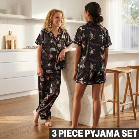 Get Trend KPop Demon Hunters Girls Pajamas Officially Licensed 3-Piece Huntrix PJs Set with Pants & Shorts, Satin Nightwear in Kuwait
